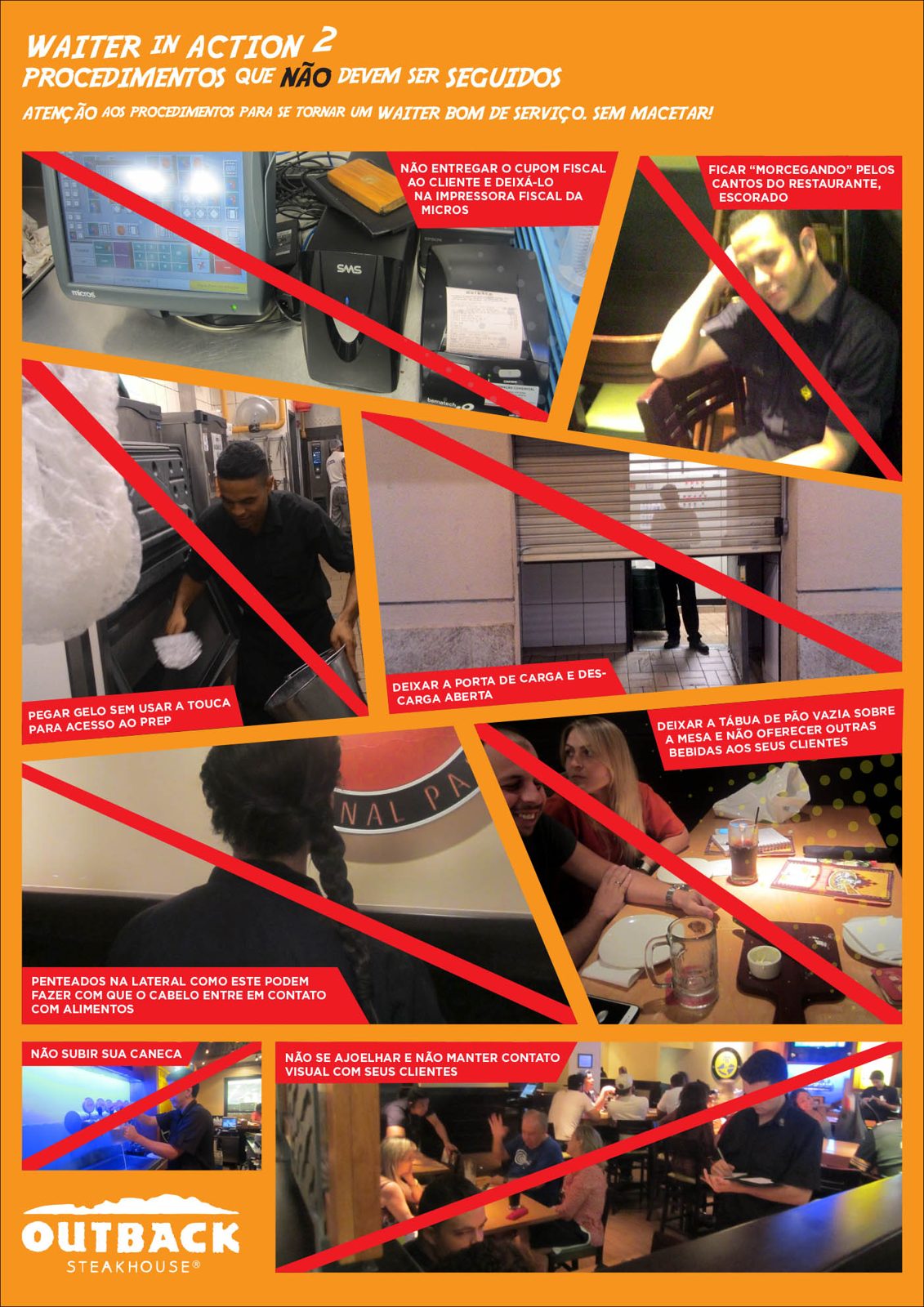 Orange poster with photos of server mistakes crossed out in red