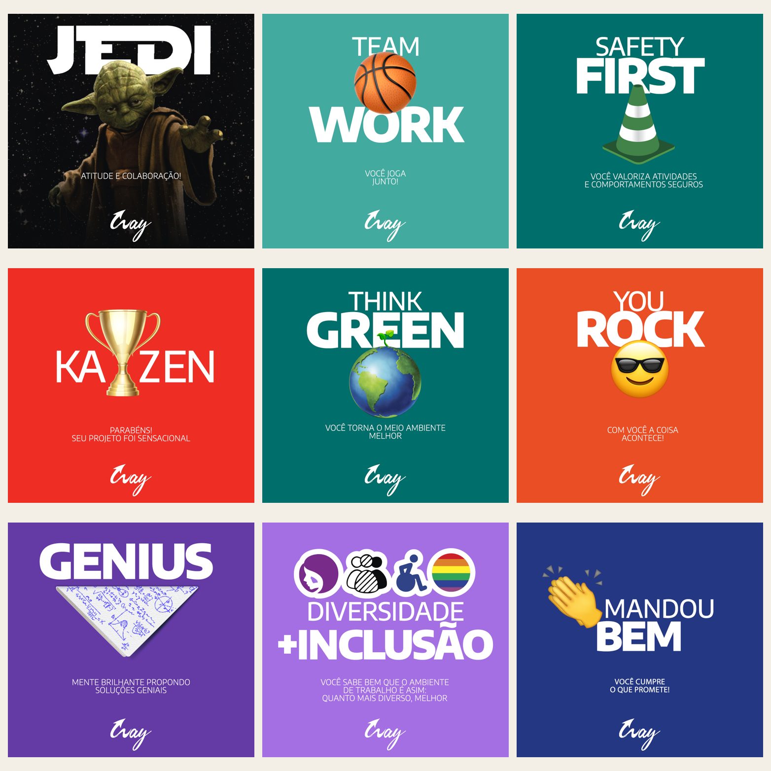 Grid of nine colorful Way recognition e-cards with emoji and bold titles