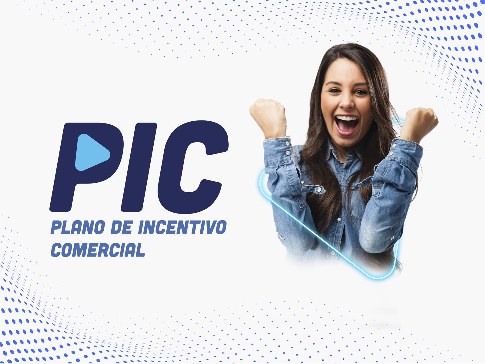 PIC key visual with a cheering saleswoman and blue dot pattern